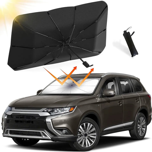 Vyelix windshield sun shade umbrella opened in front of a windshield